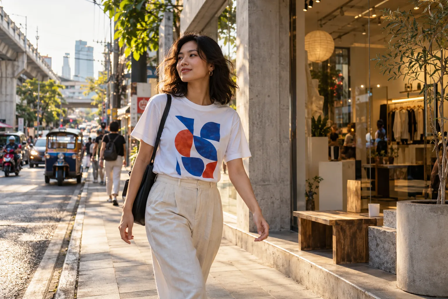Person wearing a graphic campaign T-shirt on a Bangkok street